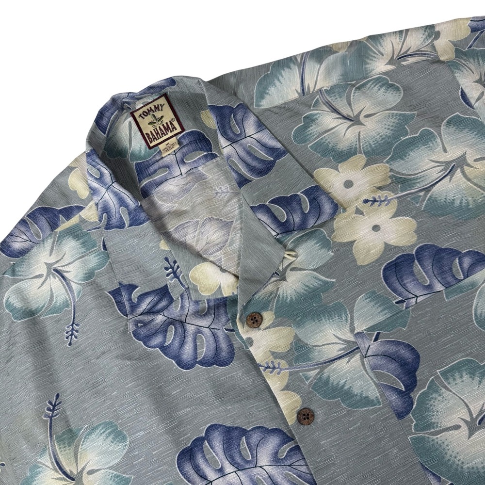 Tommy Bahama Mens XL 100% Silk Tropical Floral Monstera Camp Shirt Blue Green‎